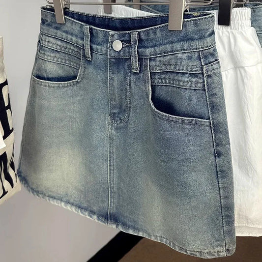 Falda Denim Mujer Vintage Coreana - Falda Vaquera Mini Cintura Alta Elegante