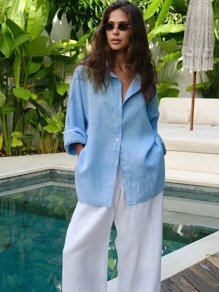 Camisa Mujer Verano Oficina - Blusa Manga Larga Solapa Elegante