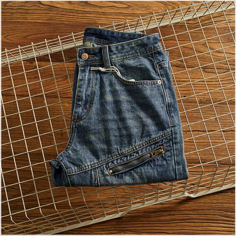 Vaqueros Moto Vintage Americanos - Jeans Cargo Parches Pesados Estilo Retro