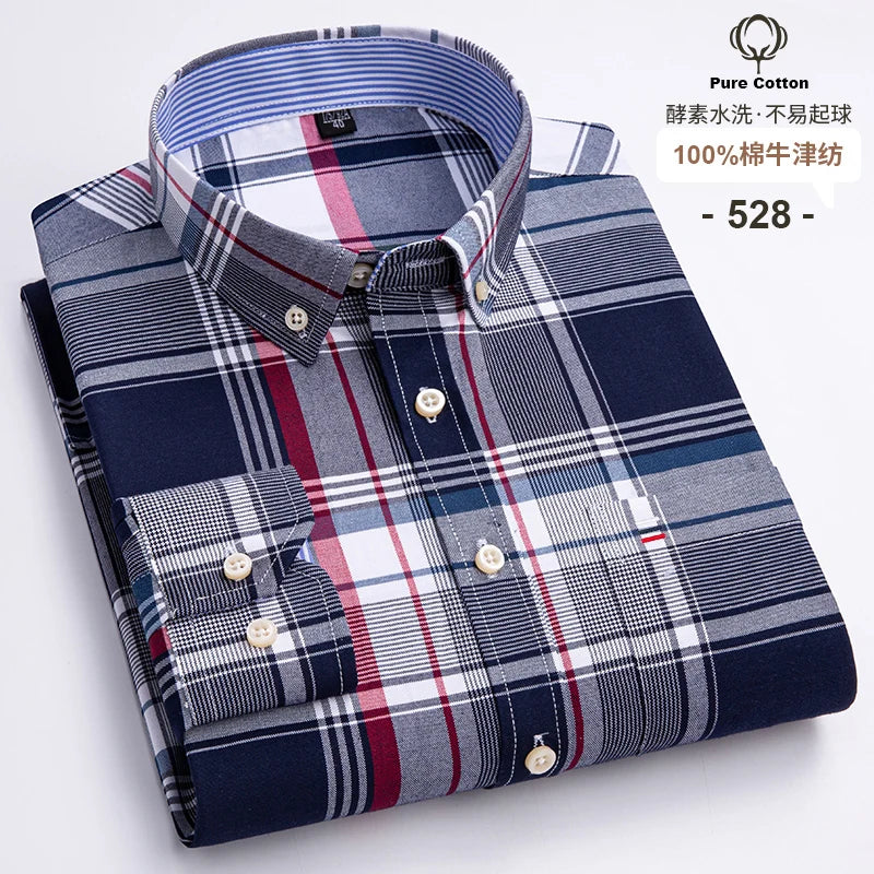 Camisa Hombre Oxford 100% Algodón - Manga Larga Rayas Bolsillo Formal Tallas Grandes