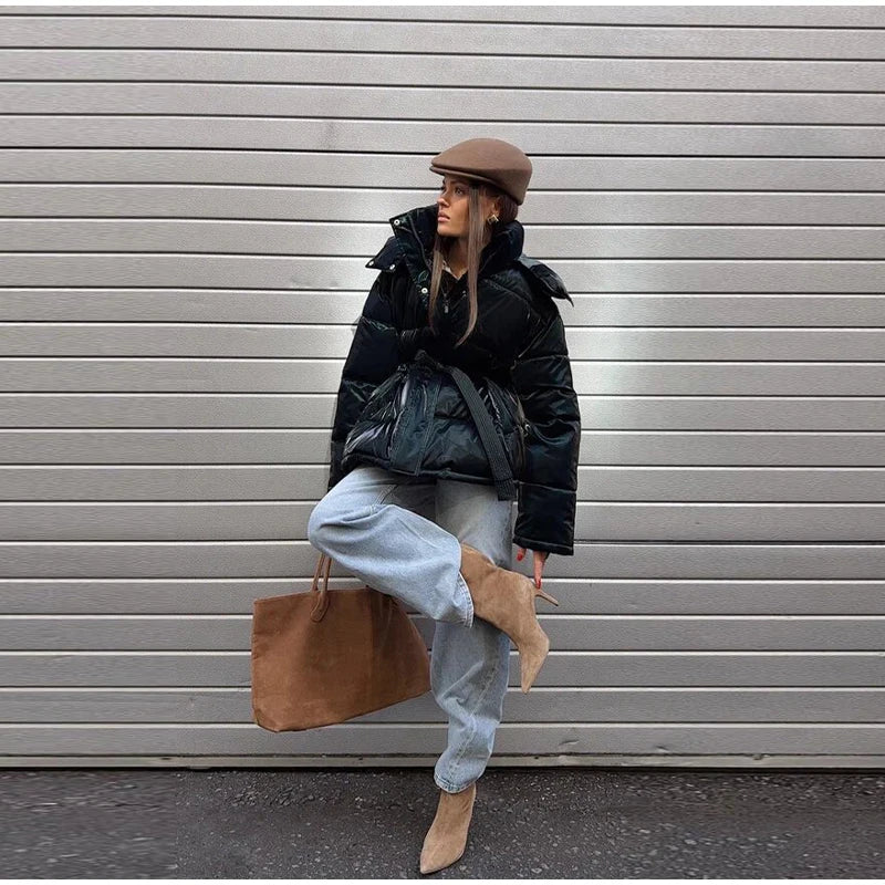 Abrigo Mujer Vintage Brillante - Abrigo Capucha Acolchado Cuello Alto 2025