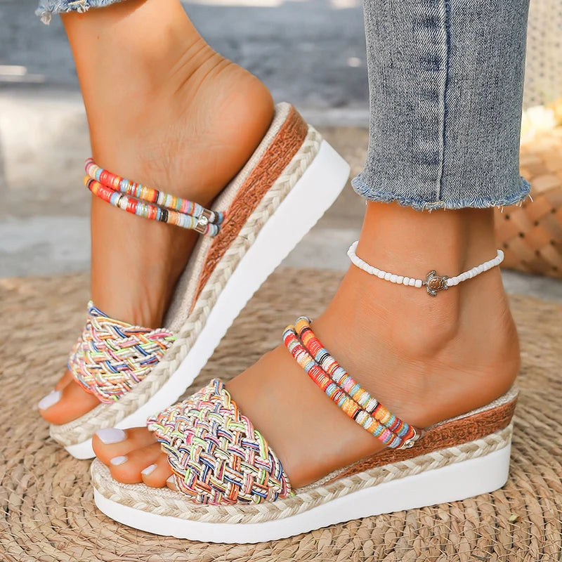 Sandalias Bohemias Mujer Cuña - Chanclas Playa Plataforma Tejidas Coloridas Talla Grande