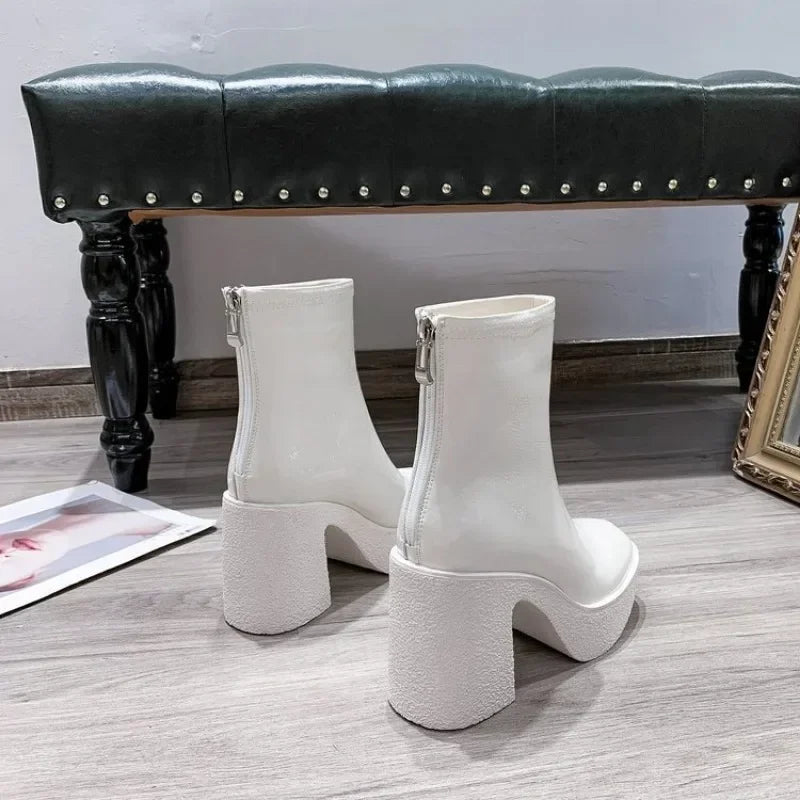Botas Tobillo Mujer 2025 Plataforma - Cuero Tacón Alto Diseñador Goth