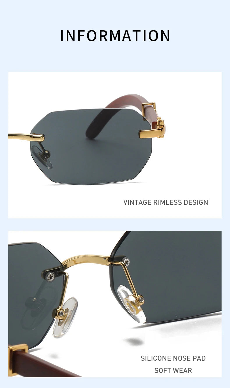 Gafas de Sol Retro Sin Montura Marco Madera - Rectangulares Vintage UV400