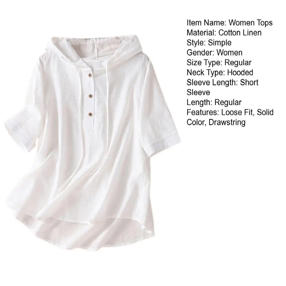 Blusa Algodón Lino Mujer Capucha - Camisa Manga Corta Verano