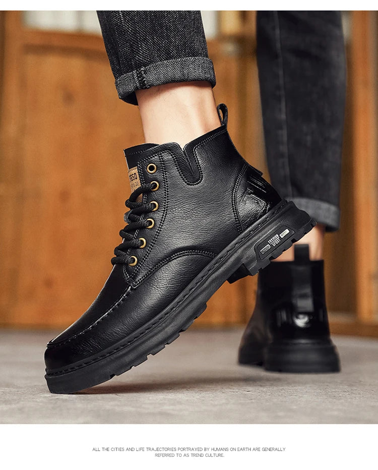 Botas Hombre Motocicleta Outdoor - Botines Casual Plataforma Cordones Marrón Negro