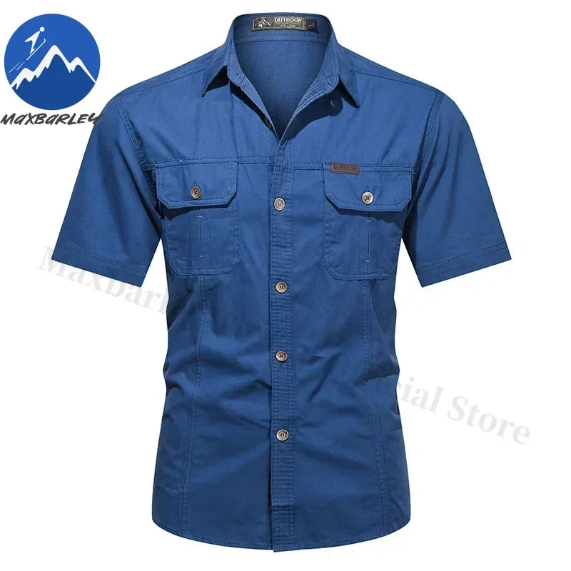 Camisa Hombre Trabajo Cargo 2025 - 100% Algodón Manga Corta Multi-Bolsillos Pesca Caza Verano