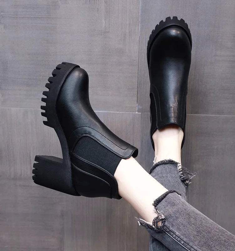 Botas Mujer Alta Calidad Casual - Suela Gruesa Tacón Alto Negro Trabajo