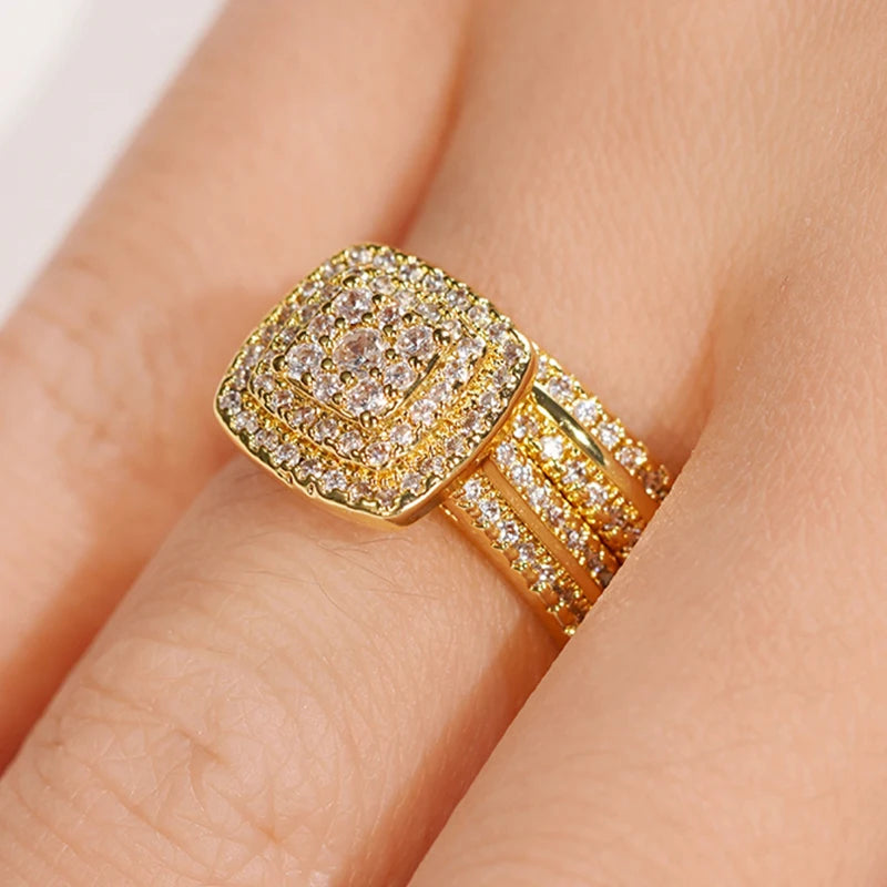 Set 2 Anillos Apilables Doble - Lujo Oro Circonita Compromiso Mujer