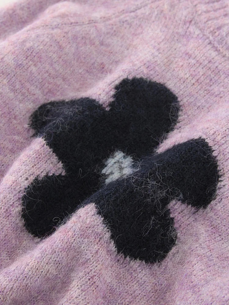 Jersey Mujer Invierno Flores Gris - Punto Holgado Cálido Vintage