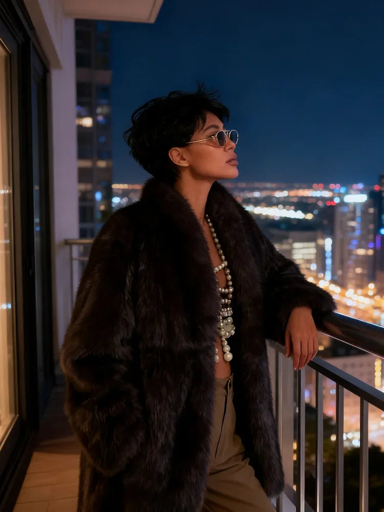 Abrigo Piel Mujer Marrón Medio - Abrigo Solapa Botón Oculto Elegante