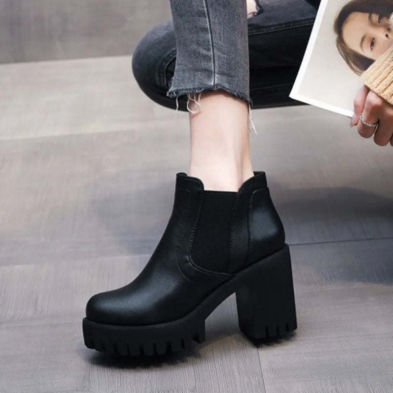Botas Mujer Alta Calidad Casual - Suela Gruesa Tacón Alto Negro Trabajo