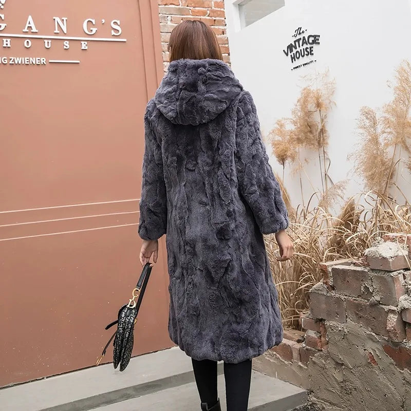 Abrigo Piel Conejo Mujer Capucha - Abrigo Real 110cm Largo Invierno