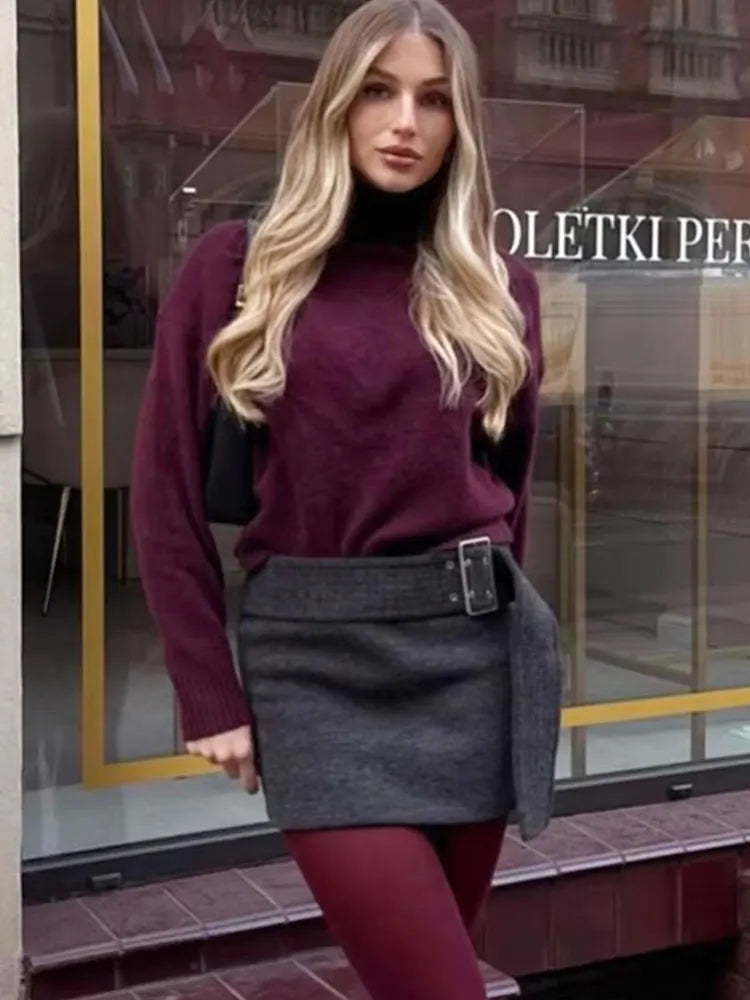 Suéter Mujer Burgundy Vintage - Jersey Cuello Alto Otoño Invierno
