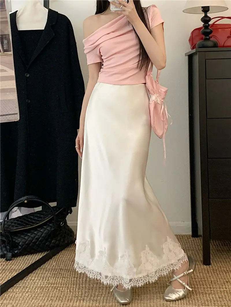 Falda Satén Mujer Larga Elegante - Falda Línea A Encaje Cintura Alta Verano