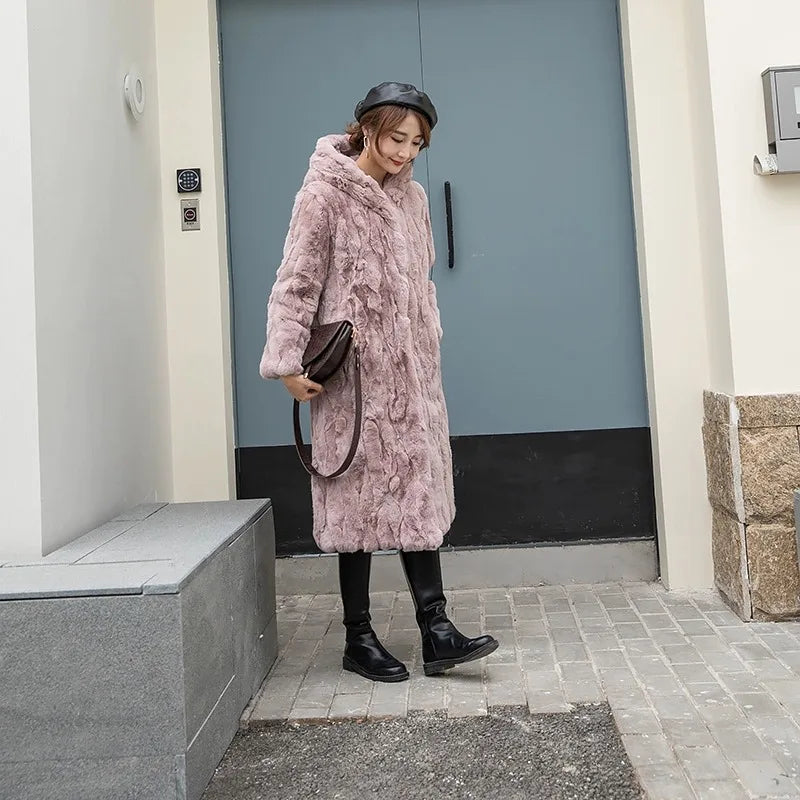 Abrigo Piel Conejo Mujer Capucha - Abrigo Real 110cm Largo Invierno