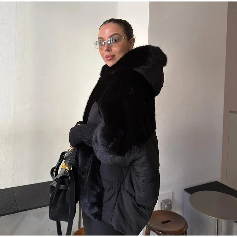 Abrigo Mujer Capucha Patchwork - Abrigo Manga Tejida Oversize 2025