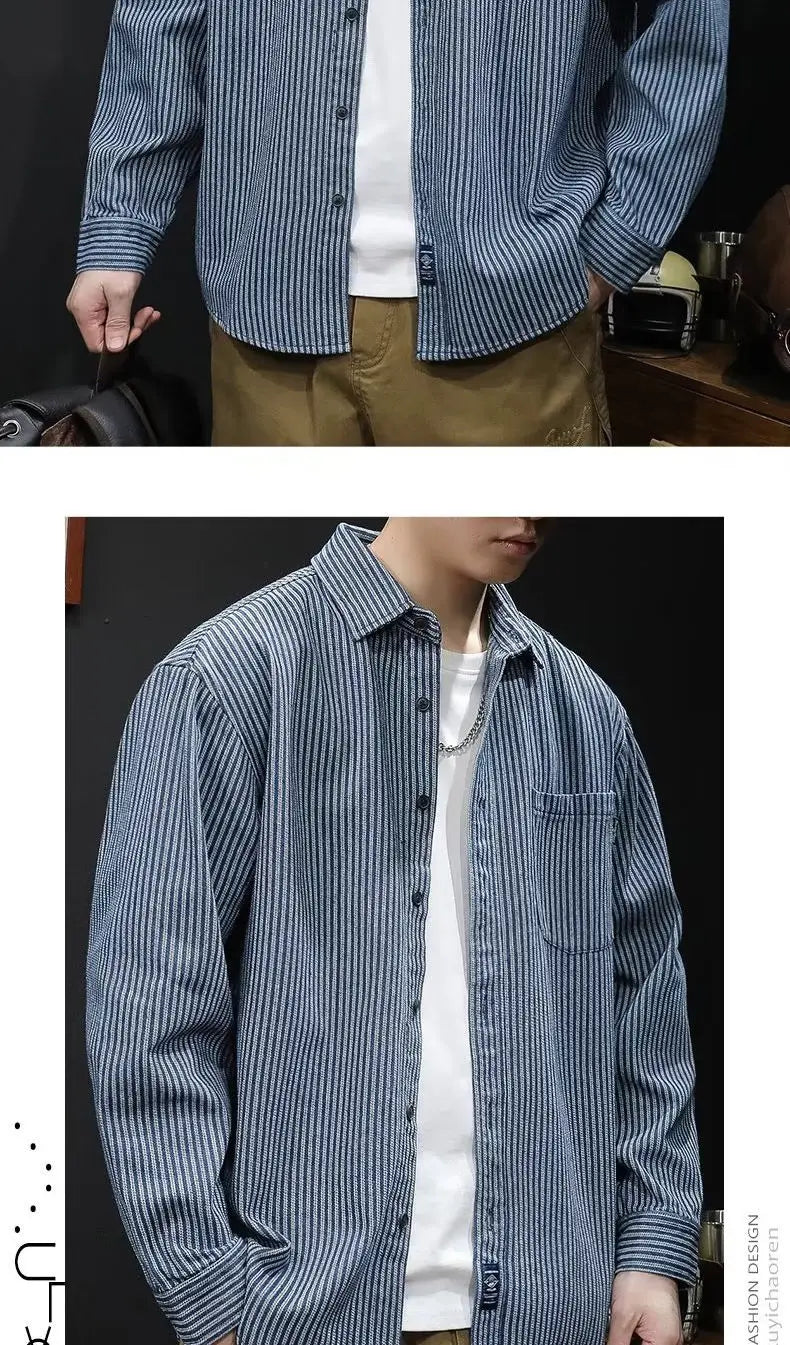 Camisa Denim Hombre Retro Trabajo - Casual Chaqueta Primavera Otoño Azul Manga Larga