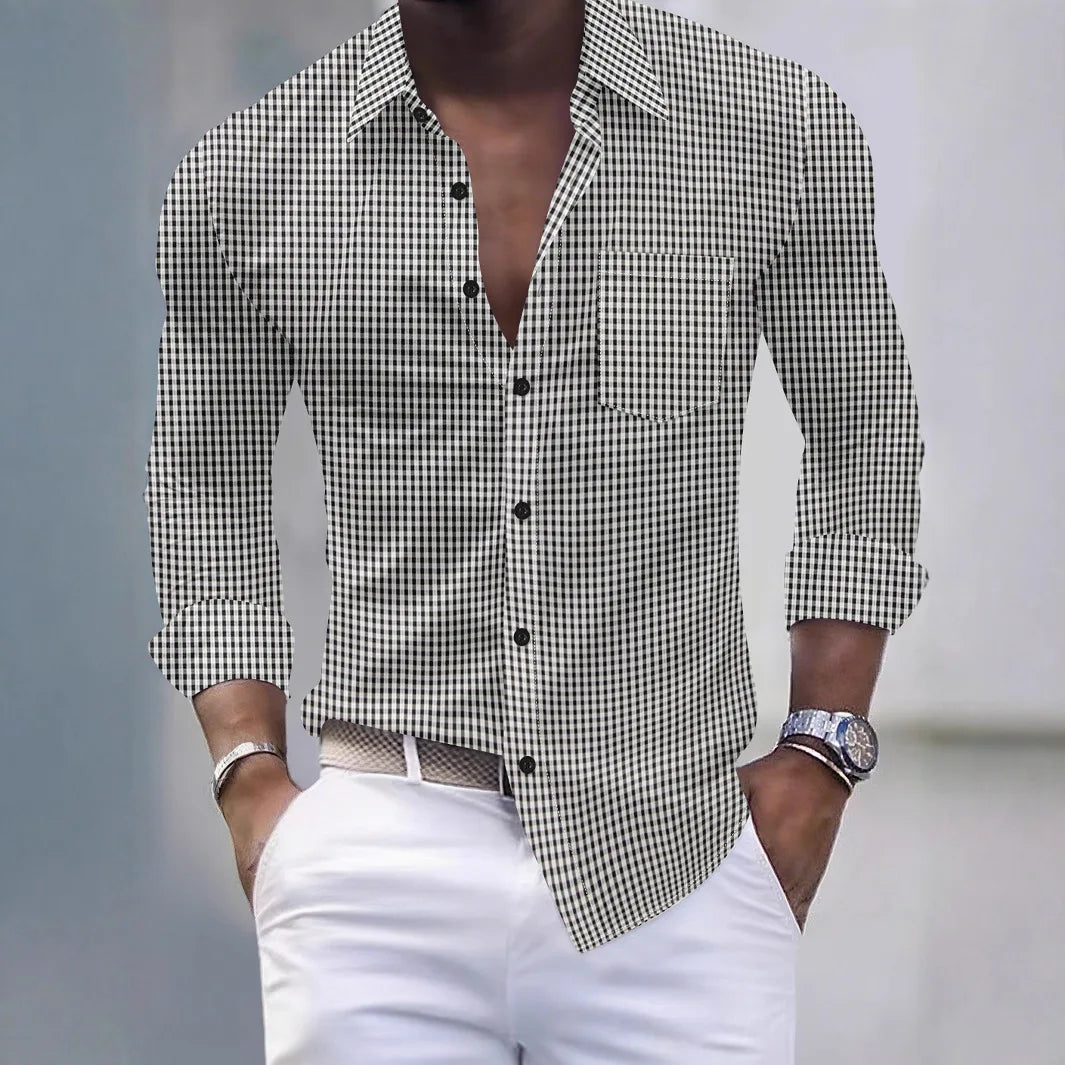 Camisa Hombre Business Casual Primavera Otoño - Cuadros Bolsillos Manga Larga Abotonada