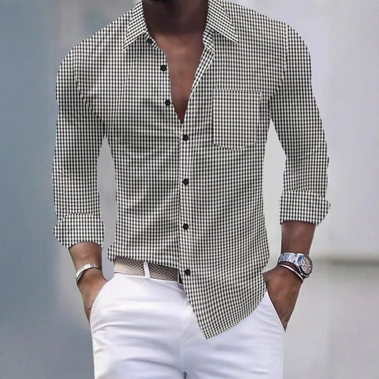 Camisa Hombre Business Casual Primavera Otoño - Cuadros Bolsillos Manga Larga Abotonada