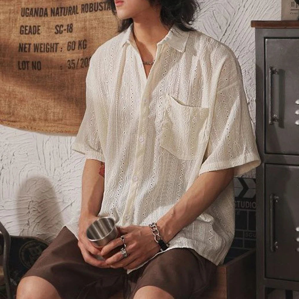 Camisa Hombre Casual Suelta Calada Manga Corta - Bolsillos Retro Fashion Vacaciones Diario