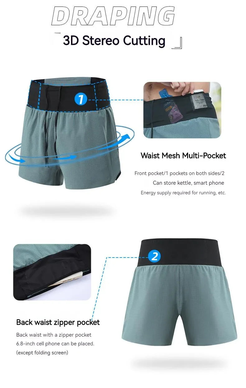 Shorts Running Hombre 2 en 1 Marathon - Pantalones Secado Rápido Multi-Bolsillos Riñonera