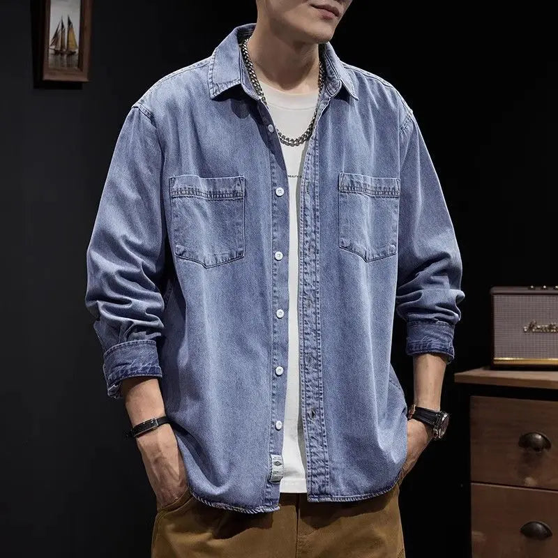 Camisa Denim Hombre Retro Trabajo - Casual Chaqueta Primavera Otoño Azul Manga Larga