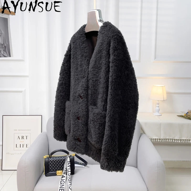 Chaqueta Lana Mujer Natural - Chaqueta Cordero Cuello V Media Largo 2025