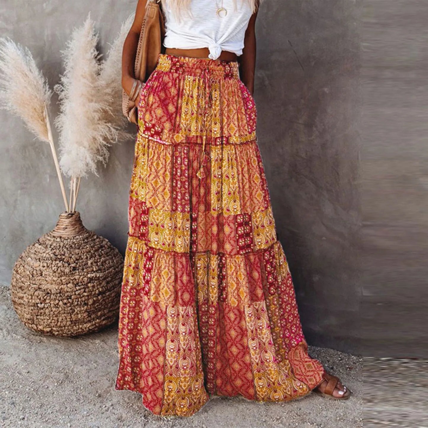 Falda Bohemia Mujer Larga Estampada - Falda Cintura Elástica Bolsillos Primavera