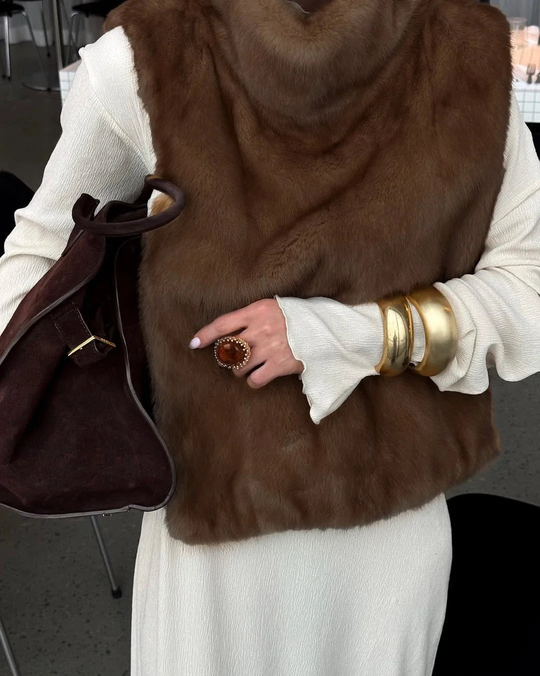 Abrigo Piel Mujer Marrón Medio - Abrigo Solapa Botón Oculto Elegante