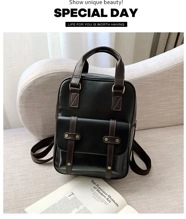 Mochila Cuero Juvenil Unisex - Alta Calidad Adolescentes Escolar Hombro Satchel Color Sólido