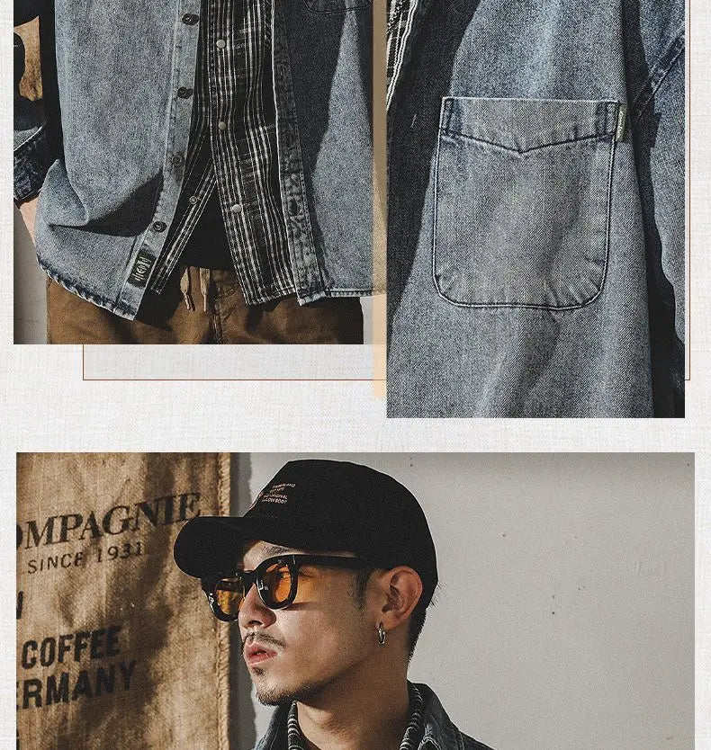 Camisa Denim Hombre Retro Trabajo - Casual Chaqueta Primavera Otoño Azul Manga Larga