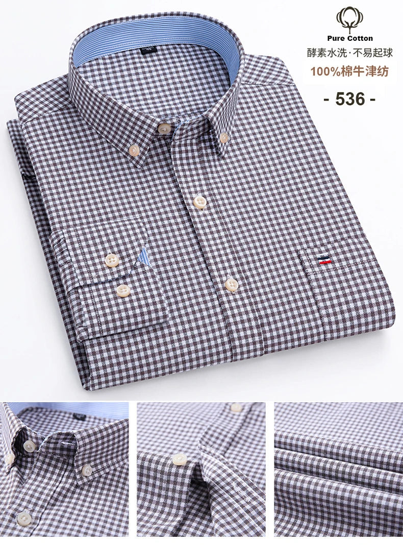 Camisa Hombre Oxford 100% Algodón - Manga Larga Rayas Bolsillo Formal Tallas Grandes