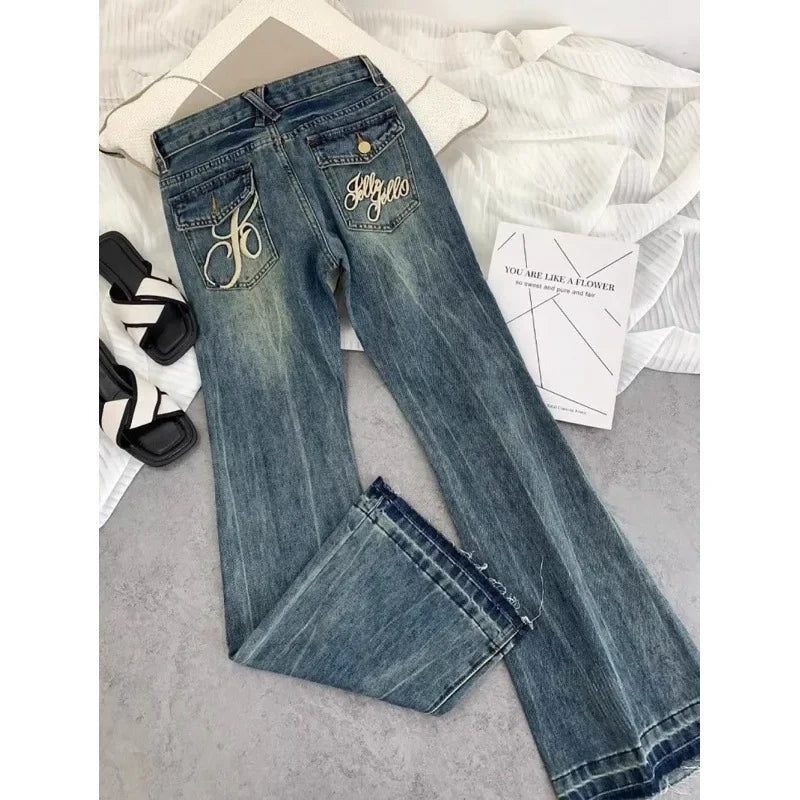 Jeans Acampanados Mujer Retro Americano - Pantalón Bordado Vintage Otoño