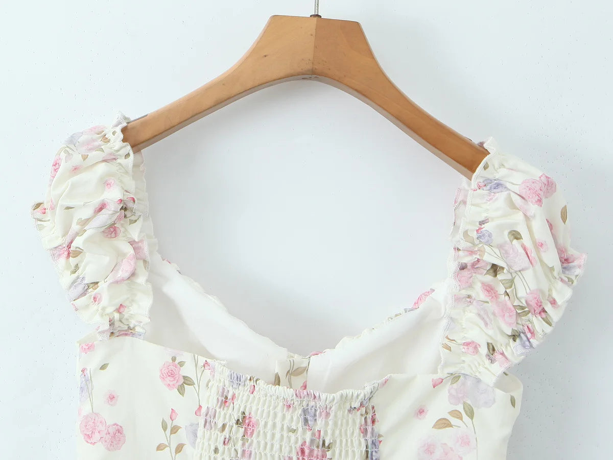 Top Crop Mujer Francés Floral - Top Cordones Cuello V Manga Corta Verano