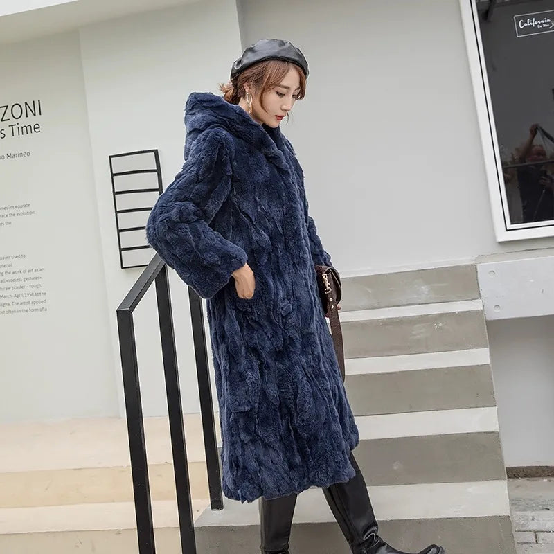 Abrigo Piel Conejo Mujer Capucha - Abrigo Real 110cm Largo Invierno