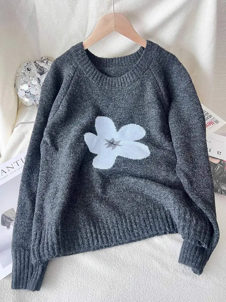 Jersey Mujer Invierno Flores Gris - Punto Holgado Cálido Vintage