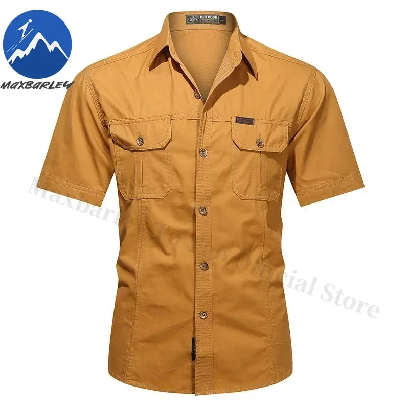Camisa Hombre Trabajo Cargo 2025 - 100% Algodón Manga Corta Multi-Bolsillos Pesca Caza Verano