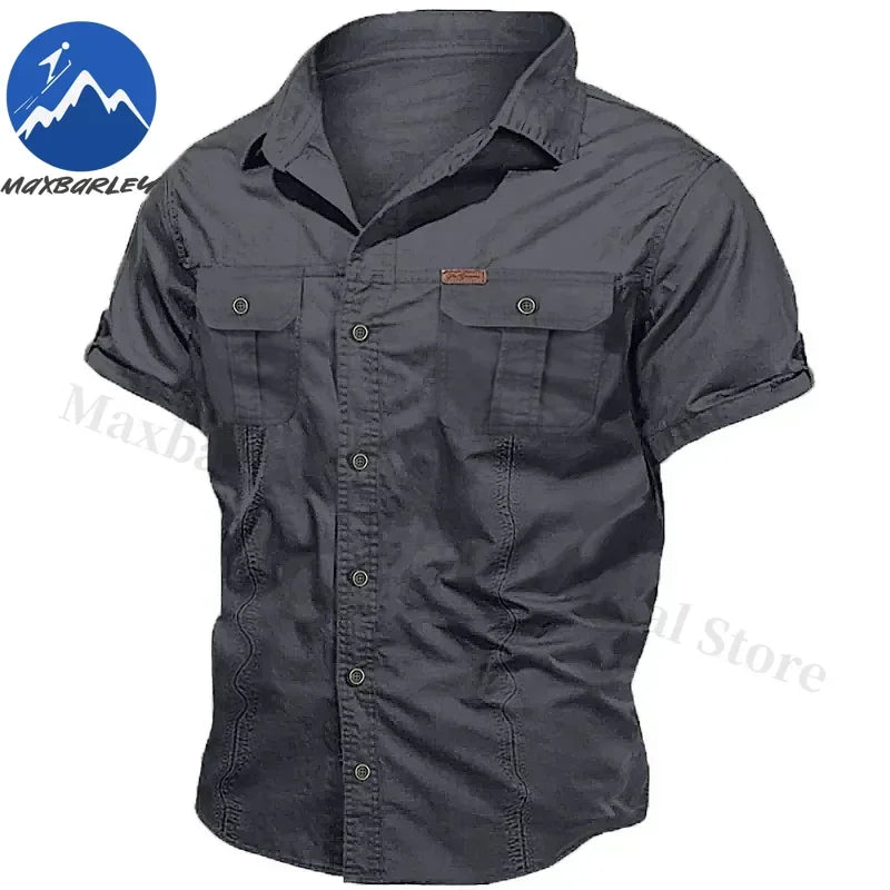 Camisa Hombre Trabajo Cargo 2025 - 100% Algodón Manga Corta Multi-Bolsillos Pesca Caza Verano