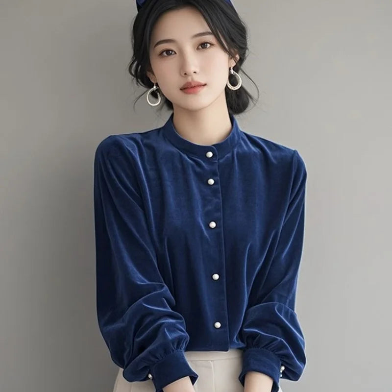 Top Terciopelo Mujer Temperamento - Top Diseño Francés Manga Larga 2025