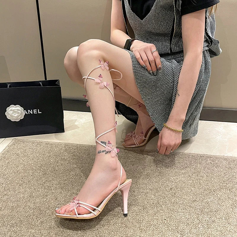 Sandalias Tacón Mujer Rosa - Zapatos Correa Tobillo Mariposa Floral Fiesta