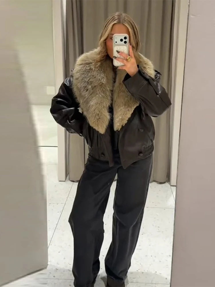 Chaqueta Mujer Elegante PU Piel - Chaqueta Solapa Doble Botón 2025