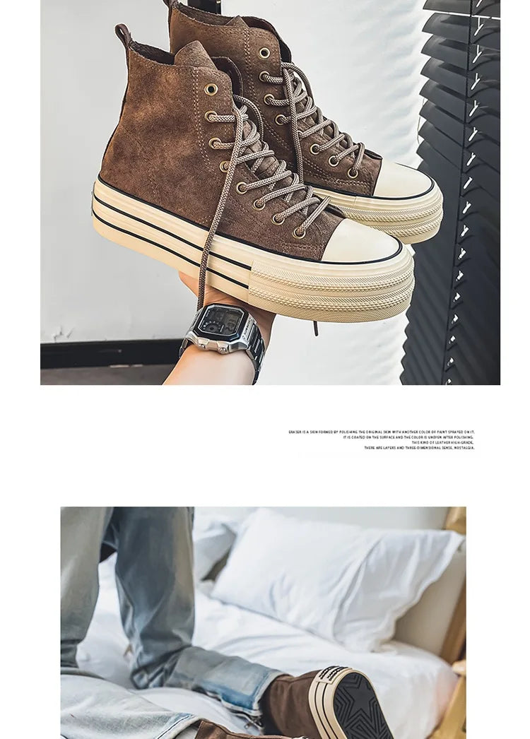 Sneakers Hombre Ante High-Top - Casual Vintage Marrón Botines Tobillo Suela Gruesa Tendencia Cordones