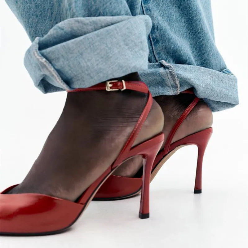Sandalias Piel Mujer Rojas - Zapatos Tacón Alto Correa Tobillo Boda Elegantes
