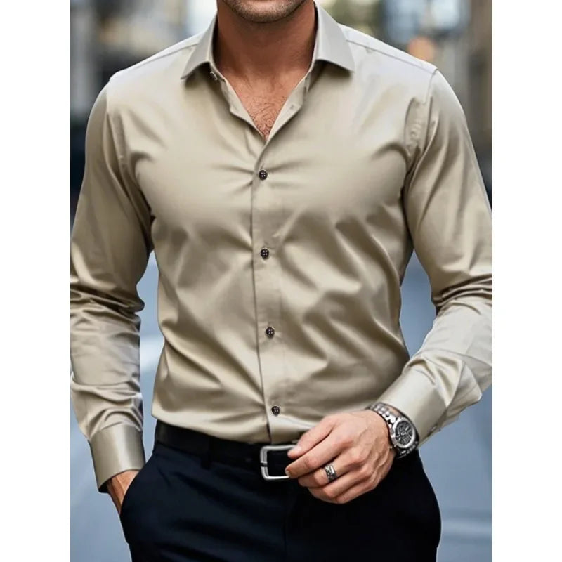 Camisa Formal Hombre Tejido Elástico | Manga Larga Elegante Oficina