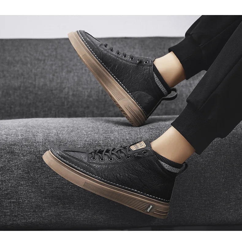 Zapatos Hombre Cuero Casual 2023 - Negros High-Top Sneakers Platform Botines Tobillo Tenis Masculino
