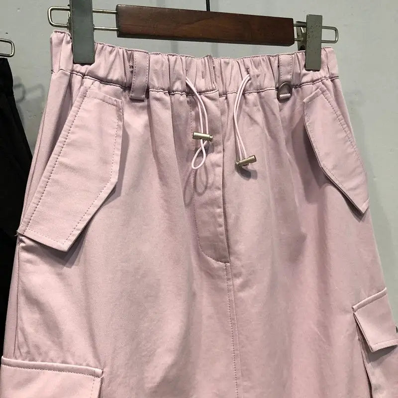 Falda Cargo Mujer Y2K Larga - Falda Bolsillos Cintura Elástica Negra