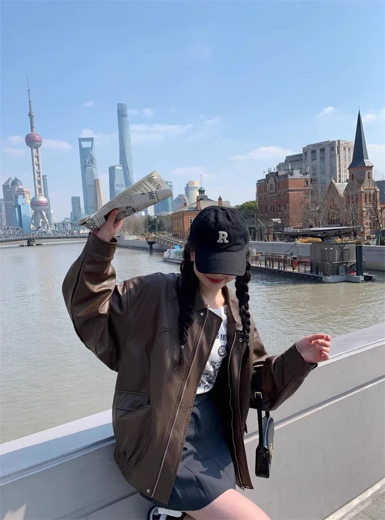 Chaqueta Cuero Mujer Americana - Chaqueta Moto Café Retro 2024