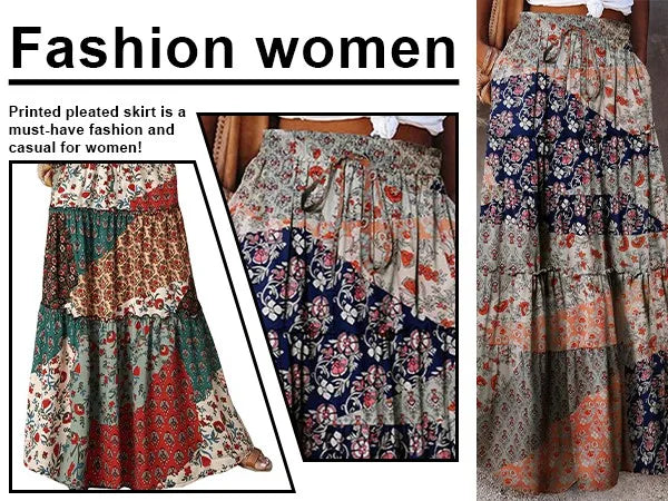 Falda Bohemia Mujer Larga Estampada - Falda Cintura Elástica Bolsillos Primavera