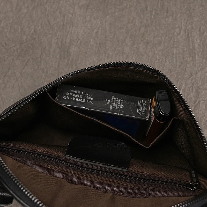 Riñonera Cuero Genuino Hombre - Bolsa Cinturón Móvil Mini Viaje Pecho Crossbody Negra